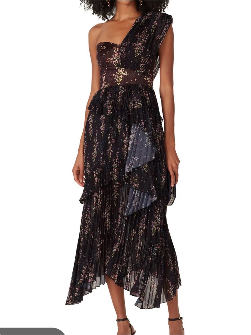 Amur Black Asymmetric One Shoulder Floral Pleated Cocktail Dress| 6